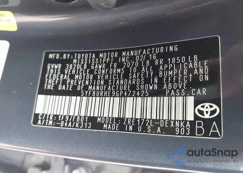 2016 Toyota Corolla Le из США, поврежденный, VIN 5YFBURHE9GP472425